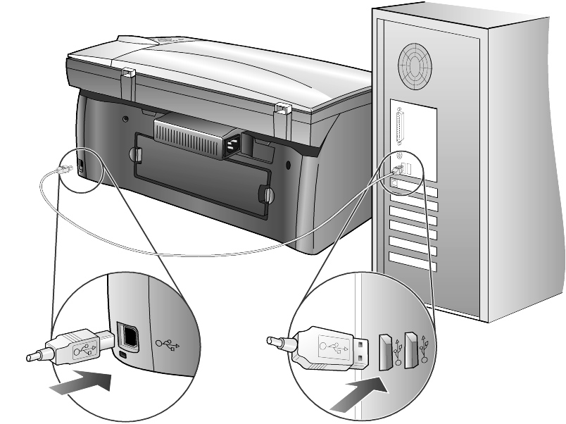 Op de USB-poort van de computer aansluiten uw hp psc op meerdere computers aansluiten U kunt met behulp van een hub met voeding uw hp psc op meerdere computers aansluiten.