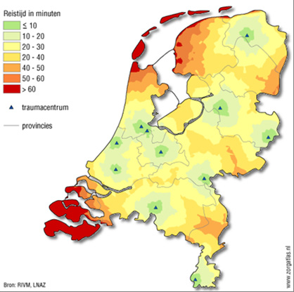 Afbeelding 36: Reistijd tot dichtstbijzijnde ziekenhuis met een spoedeisendehulpafdeling (2011; bronnen: RIVM, Geodan).