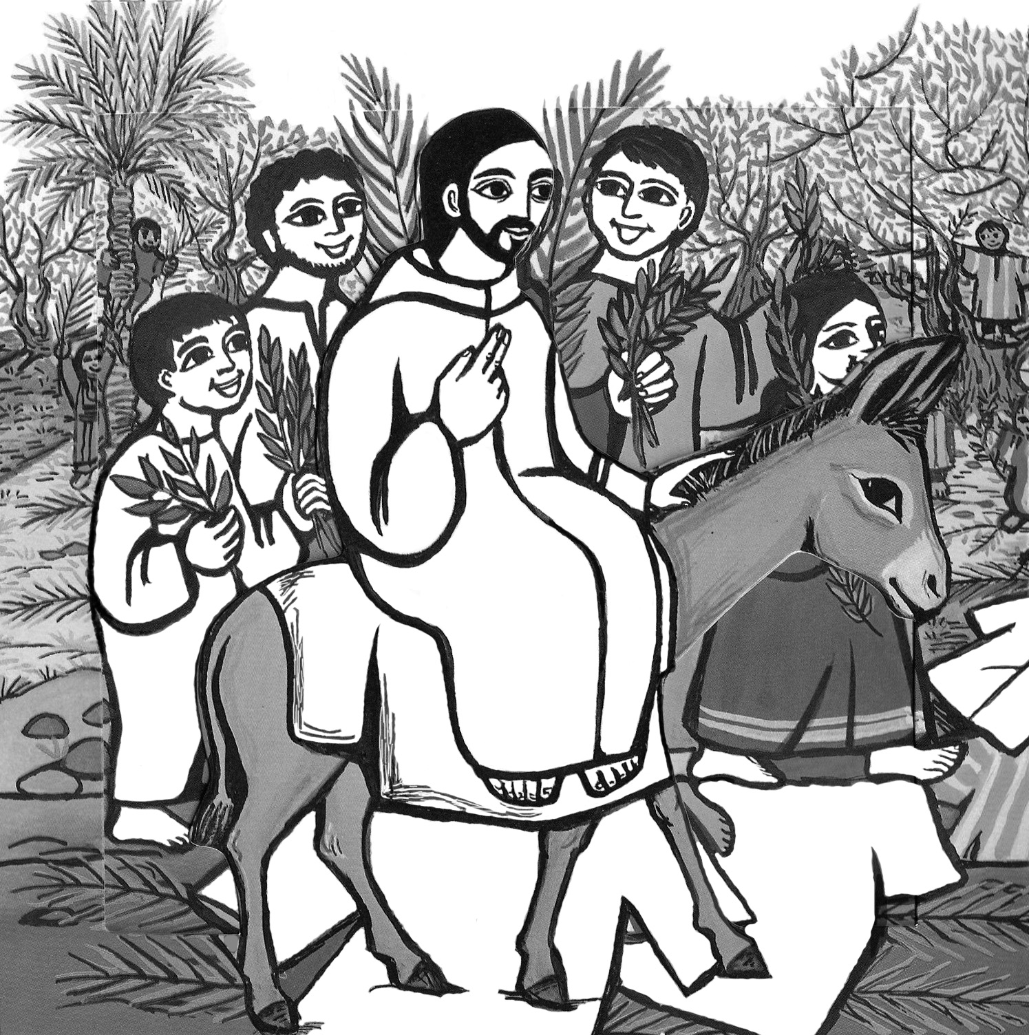 22. De intocht in Jeruzalem. Gebruik je potloden om deze tekening af te kleuren. Jezus gaat naar Jeruzalem. De mensen zijn blij. Zij leggen hun mantels op de grond. Jezus zit op een ezel.