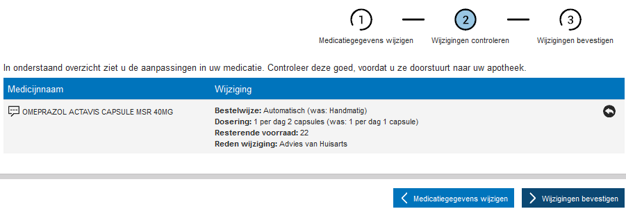 Afb.2.7 Mocht u toch meer middelen moeten wijzigen, dan kunt u klikken op Medicatiegegevens wijzigen.