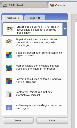 Klik hiervoor op de knop instellingen en dan kan je een keus maken uit verschillende uitvoeringen. In de keus Mozaïek kan je de foto s verplaatsen en vergroten of verkleinen.