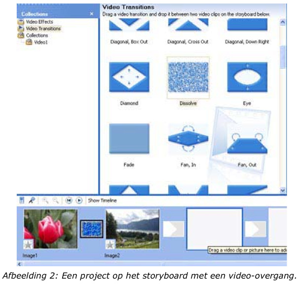 Een overgang toevoegen: 1. Selecteer op het storyboard of de tijdlijn de tweede van de twee videoclips of foto s waartussen u een overgang wilt invoegen. 2. Klik in het menu Extra op Video-overgangen.