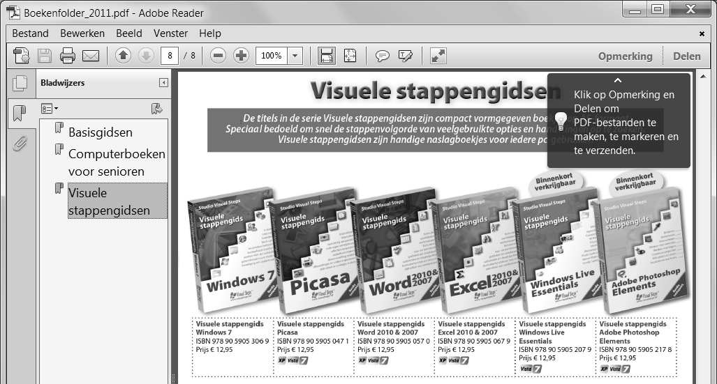 Open Adobe Reader 6 Open de boekenfolder 5 Links in het venster: U ziet de