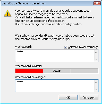 Dataschijf Het venster SecurDisc - Gegevens beveiligen 11. Voer in het invoervak Wachtwoord het vereiste wachtwoord in en klik vervolgens opok.