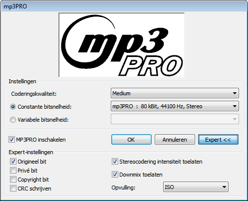 Audio-cd en audiobestanden 6.5.1.2.1 Coderingsopties voor mp3 en mp3pro Nero Burning ROM kan audiobestanden van een audio-cd coderen in de indelingen mp3 en mp3pro.