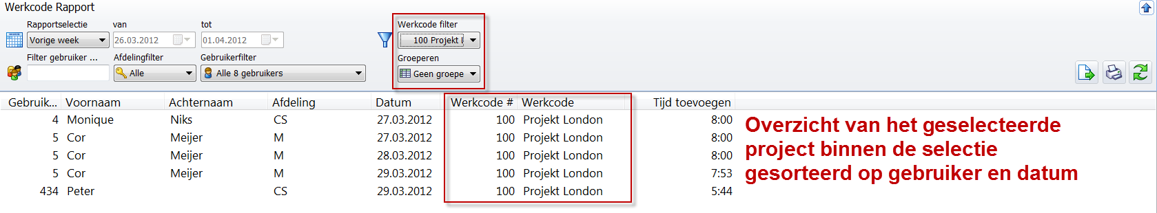 1.2 Evaluatie per werk- of projectcode Met de werkcode filter kunt u een specifiek