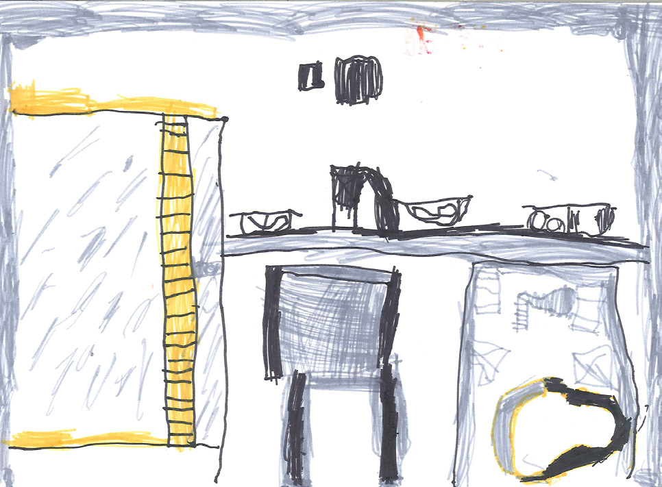Tekening van 7-jarige jongen uit Irak van de cel in Zestienhoven. Midden boven: links het luikje, rechts het raam. Het raam is zwart omdat er buiten niks te zien is.