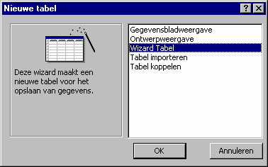 Je komt in het menu Nieuwe tabel. Je kunt hier kiezen uit diverse mogelijkheden. Kies Wizard Tabel, klik op OK. - - Je komt in een menu waar het een en ander voorbedacht is.