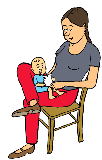 Op schoot en in een stoeltje Laat uw baby op schoot in de kuil van uw benen zitten. Hierbij liggen zijn benen wat hoger en worden zijn schouders en hoofd goed ondersteund.
