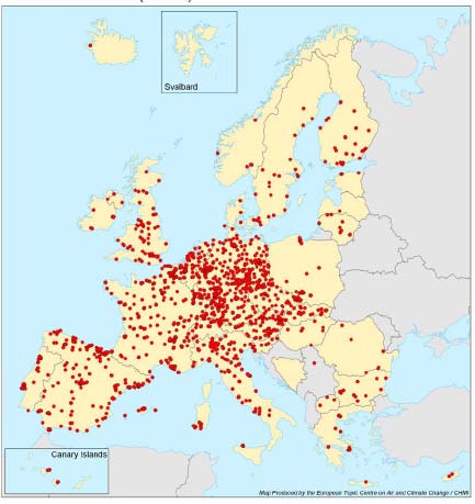 Afbeelding 39 Meetlocaties voor fijn stof in Europa in 2003.