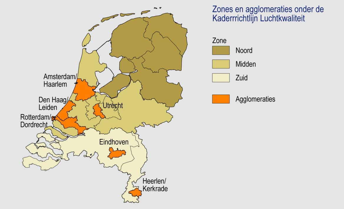 Afbeelding 57 De verdeling van Nederland in zones en agglomeraties volgens de Kaderrichtlijn Luchtkwaliteit. Bron: Van Breugel en Buijsman. De agglomeraties zijn stedelijke gebieden met minimaal 250.
