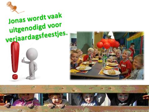 Jonas wordt vaak uitgenodigd voor verjaardagsfeestjes. Hij vindt het altijd leuk om erbij te zijn. Volgende maand is ook hij jarig! Hij weet al welke vriendjes en klasgenootjes hij gaat uitnodigen.