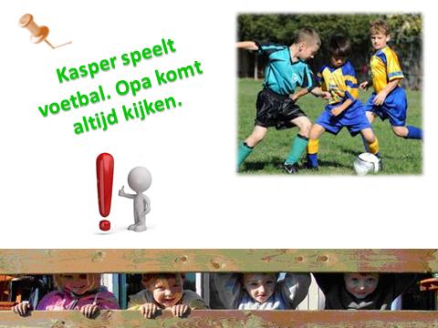 Kasper speelt voetbal. Opa komt altijd kijken. Deze namiddag speelt de voetbalclub van Kasper een match. Zijn ouders proberen steeds te komen kijken, maar dat lukt niet altijd.