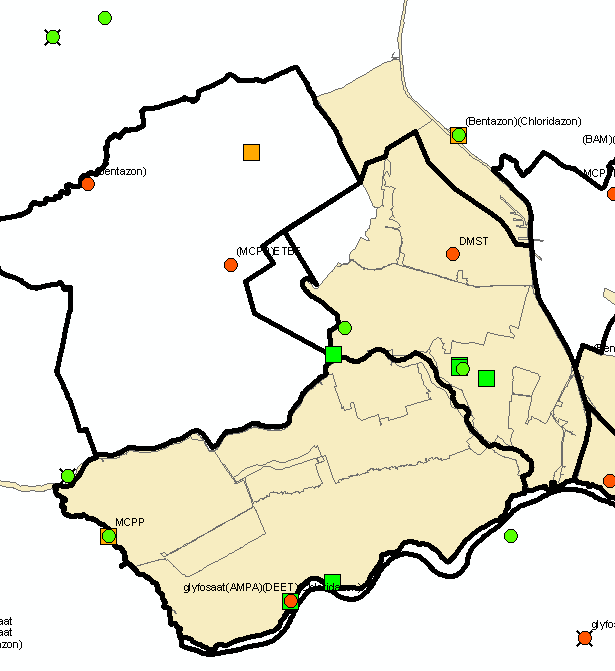 7.1.2.2 Kaart aangetroffen gewasbeschermingsmiddelen diep grondwater Lopikerwaard Harmelen gebied In figuur 7.3 is de situatie voor bestrijdingsmiddelen in Utrecht-Oost weergegeven.