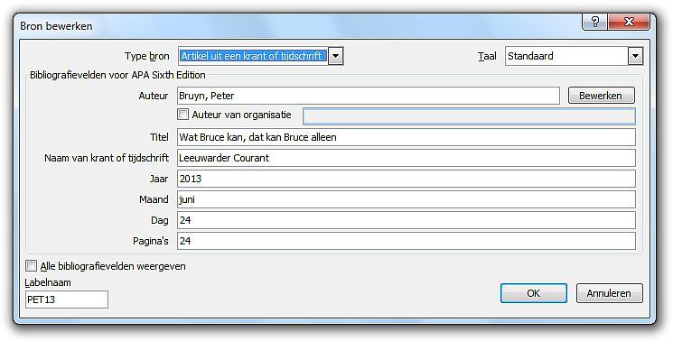 Voorbeeld 5: Krantenartikel Via de optie Bewerken kan de naam van de auteur eventueel worden bewerkt en/of afzonderlijk worden in gevoerd, bijvoorbeeld om bij namen die uit meerdere woorden bestaan