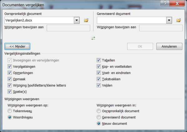 De wijzigingen zullen aangetoond worden in het eerste, originele document. Eventueel combineer je dit met nog een of meerdere documenten.