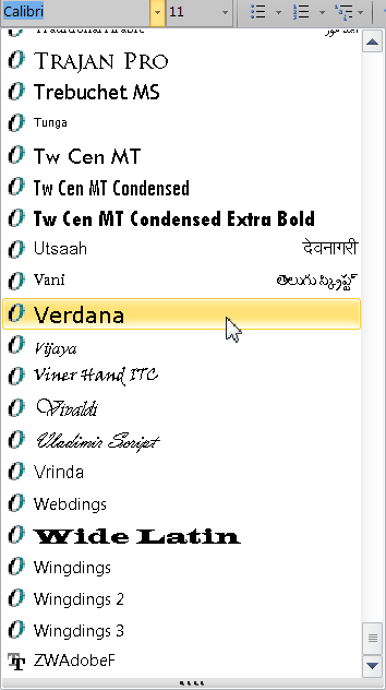 Klik op het gewenste lettertype, hier Verdana: Het nieuwe lettertype wordt aangegeven in de groep