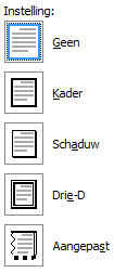 Geen Met deze optie kan je een bestaande paginarand verwijderen Kader Er wordt enkel een rand toegevoegd Schaduw Om een schaduw toe te voegen aan de rand 3D Geeft een 3D gevoel aan de