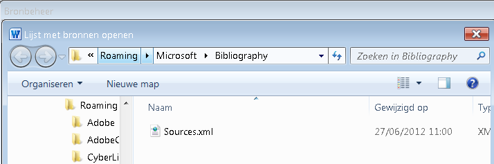 xml in de map C:\Users\User\AppData\Roaming\Microsoft\Bibliography: Kopieer het bronnenbestand dat je wil inlezen naar deze map, klik op dit bestand en op Openen.