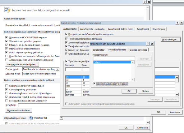2.3 Correctie van dubbele hoofdletters Heel vervelend is de correctie van de dubbele hoofdletters. IJsbrand wordt automatisch Ijsbrand enzovoorts. Dit kunnen we ook via de uitzonderingen verhelpen.