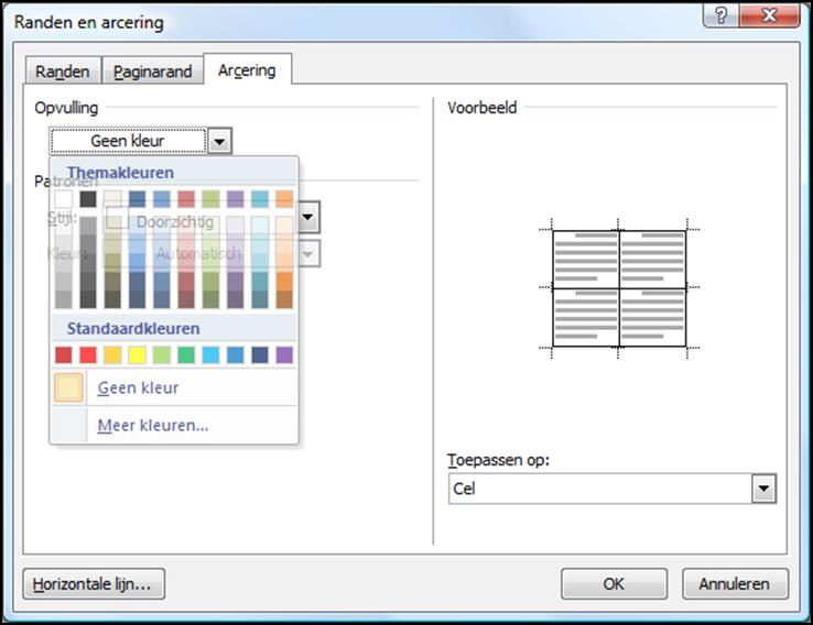 Tekstverwerking Microsoft Office 2013 47 Wanneer je een lijn onzichtbaar wil maken, merk je dat de lijn toch nog in een lichtgrijze kleur wordt weergegeven.