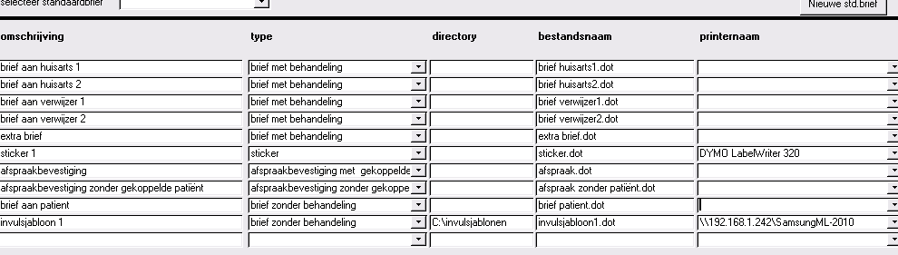 gezet. U kan hier echter uw eigen sjablonen in benoemen. Zorg ervoor dat de sjablonen die u hier gaat benoemen dezelfde naam hebben als de bestandsnaam, dus bijv. brief patient.dot.