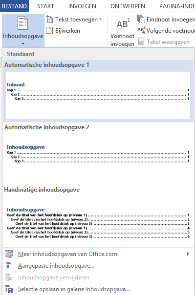 Daarbij wordt getoond op welk paginanummer de kop zich in het document bevindt.