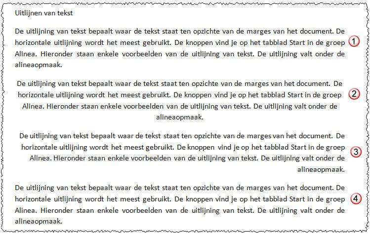 Selecteer telkens een alinea en gebruik de knoppen voor de uitlijning om de volgende opmaak te krijgen. 1. Links uitgelijnd 2. Gecentreerd 3. Rechts uitgelijnd 4. Uitgevuld (optie Uitvullen) Figuur 6.