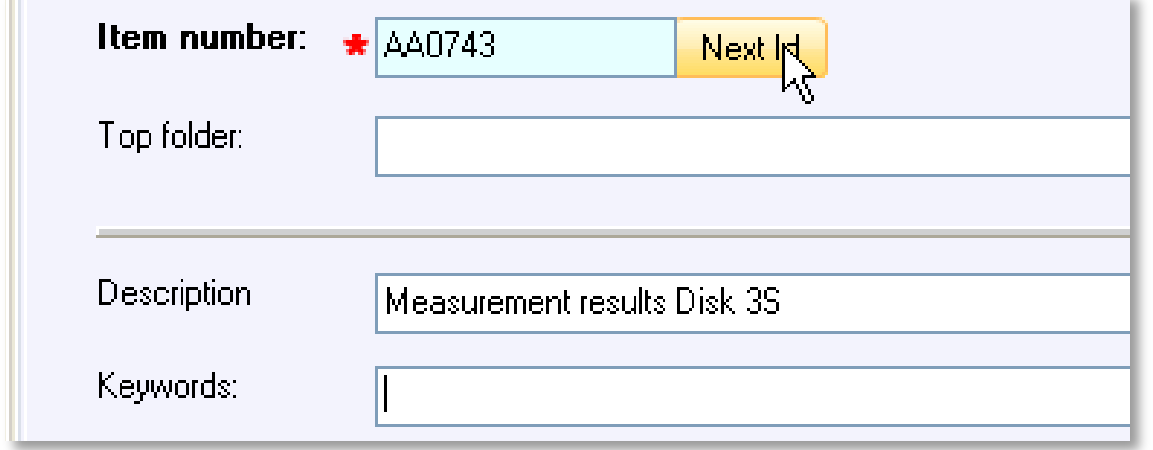 Er zijn drie velden die door de gebruiker ingevuld (moeten) kunnen worden: Het Item number kan worden gegenereerd door eenmalig te drukken op de knop ernaast.