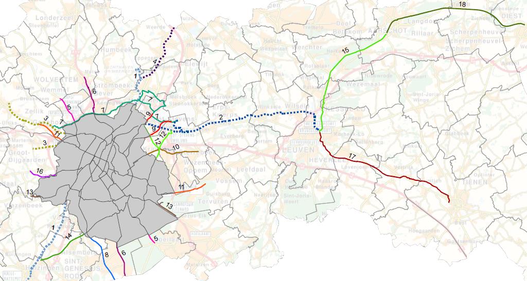 www.vlaamsbrabant.be/fietssnelwegen Route 1 t.e.m. 4 hoogste prioriteit Route 5 t.