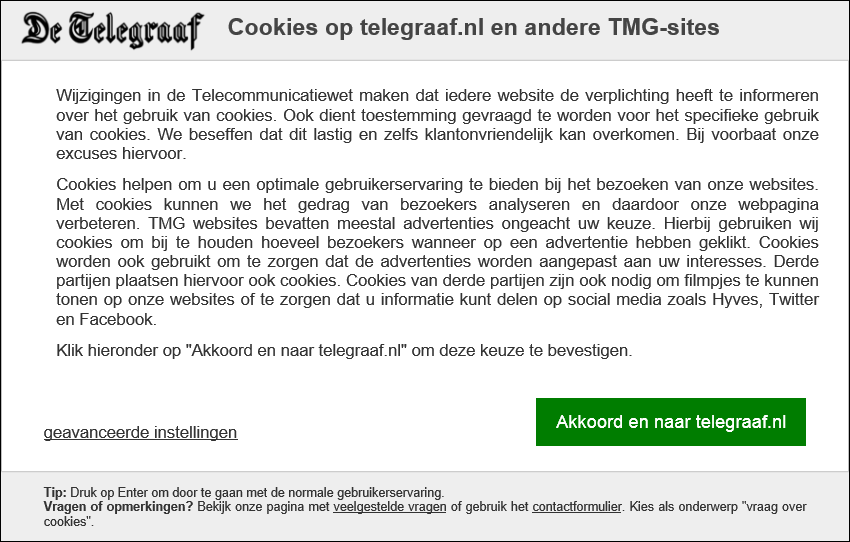 14 Er zijn ook websites waar u een duidelijke keuze krijgt voorgelegd: Bij deze website kunt u kiezen welke cookies u wilt accepteren.