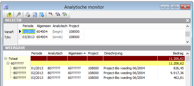 Binnen de selectie kun je nu selecteren op een bepaalde Algemene rekening bv. 604004 en eventuele analytischeof Projectrekening bv. 108000. Door aan te vinken worden de ingestelde selecties bewaard.