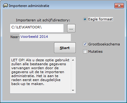 Selecteer de administratie waarin u de oude gegevens wilt importeren, door daar op te gaan staan, wij gaan uit van Voorbeeld 2014. Klik op de knop Importeer. Het volgende scherm zal verschijnen.