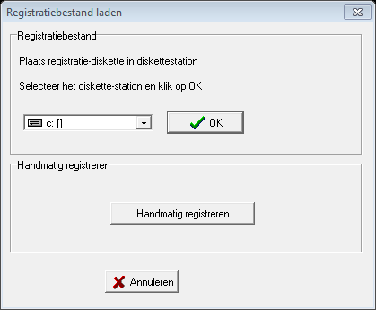 Registratie diskette of registratie formulier De eerste keer dat het programma Compustam voor Windows wordt opgestart wordt eenmalig gevraagd om de diskette met het registratiebestand.