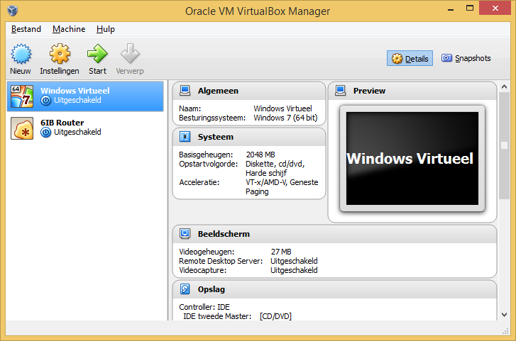 5 De virtuele machine configureren VirtualBox 4.3.14 Een virtuele machine opstarten kan nu door de machine aan te klikken en vervolgens op de knop Start te klikken.