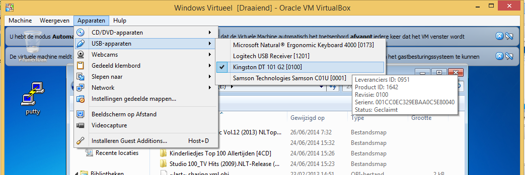 USB apparaten zoals mobiele harde schijven en USB sticks kunnen gebruikt worden in de virtuele machine OF op de host, nooit in beide tegelijk.