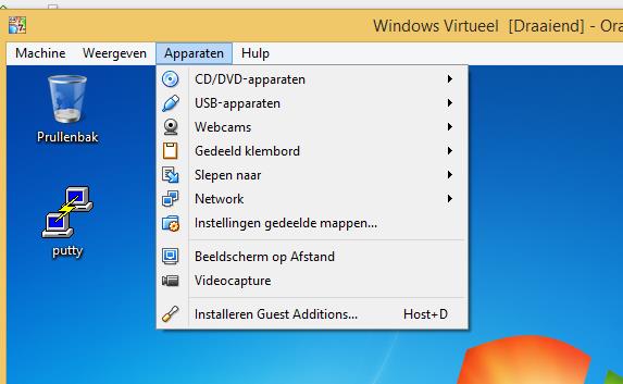 6 Extra 6.1 Guest Additions Meld je aan op de virtuele computer met administrator bevoegdheden Kies dan in het menu Apparaten voor Installeren Guest Additions.