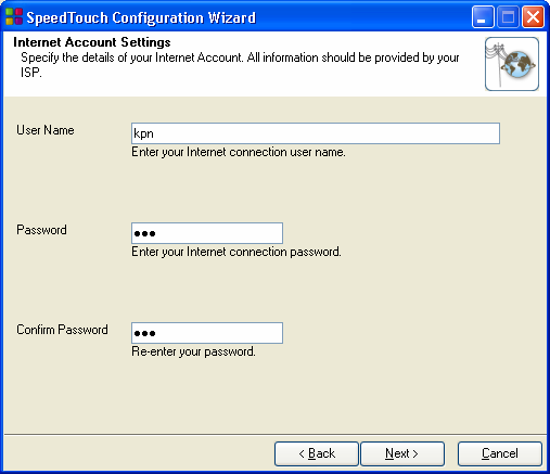 Selecteer de optie [ PPPoA IPCP NAT (DHCP on/off) ] en klik op [ Next ] Vul kpn in bij User Name, Password