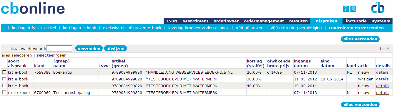 16.4. Subtabblad controleren en verzenden Uw gemaakte afspraken worden opgeslagen in het controleren en verzenden tabblad. In dit scherm zitten ook uw gemaakte afspraken voor fysieke boeken.