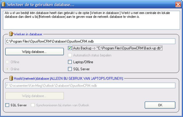 Locatie database De bron van alle gegevens in OpusFlowCRM is een (Access-)database.