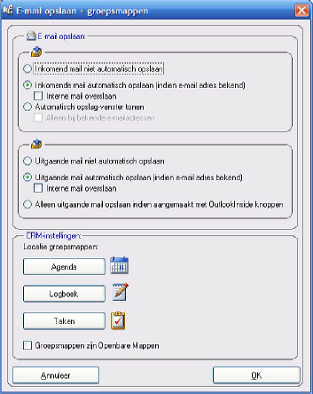 Email opslaan en groepsmappen. U kunt er voor kiezen om email automatisch te laten opslaan als het adres van de afzender of geadresseerde wordt herkend door OpusFlowCRM.