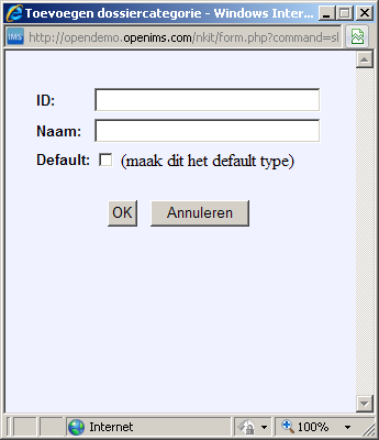 Een nieuwe categorie kan worden aangemaakt, door te klikken op nieuwe dossiercategorie toevoegen. In het getoonde scherm dient een (niet wijzigbaar) ID opgegeven te worden.