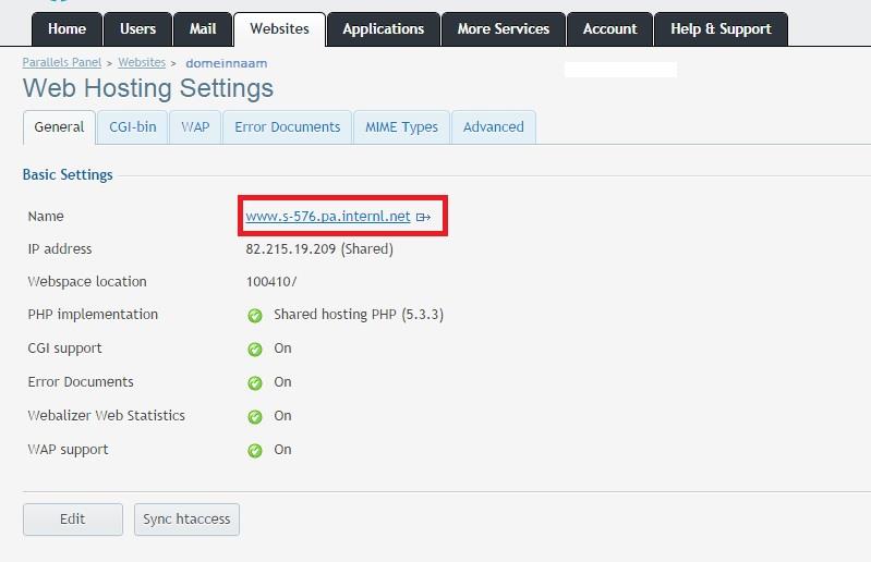 Beschrijving aanpassen locatie (tijdelijke URL) Wordpress. - Log in Parallels en ga naar Manage website Web Hosting Settings.