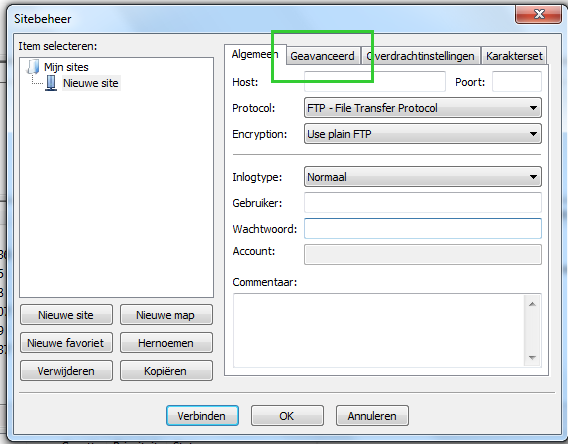 Nieuwe site Bij host vult u het adres in dat u gekregen heeft. Dit begint met ftp://. Let op: u moet dus óók ftp:// ervoor plaatsen (zonder de aanhalingstekens).