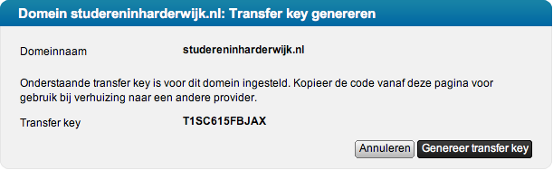 5. Klik op Genereer transfer key. 6. Wacht totdat de transfer key gegenereerd is. Dit kan ongeveer 5 minuten duren. 7.