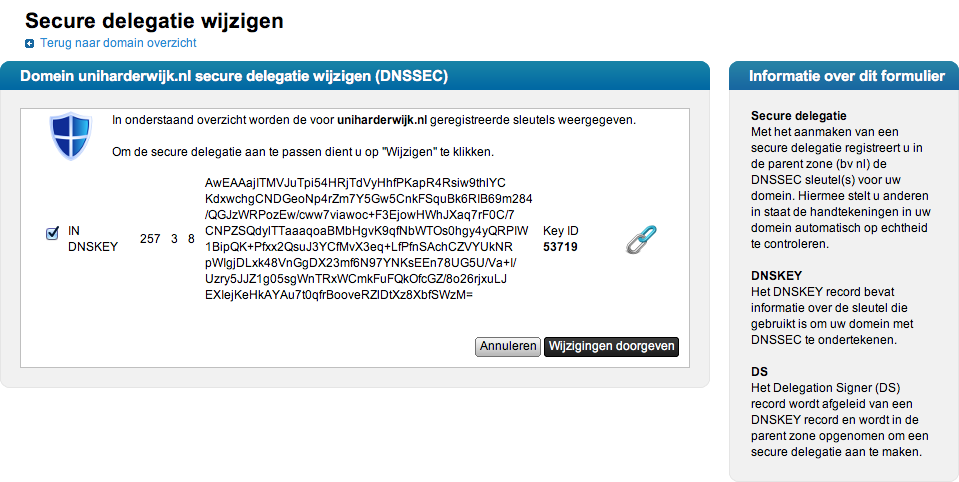 Het overzichtsvenster van het domein verschijnt: In het vak DNSSEC linksonder is aan het blauwe schild te zien dat er al