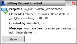 C3A-Workshop 7 jan. 2014 C3A Revit-Worksharing blad 17 Can't edit the element until 'Architect_Jos' resaves the element to central and relinquishes it and you Reload Latest.