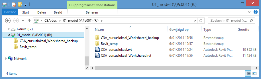 C3A-Workshop 7 jan. 2014 C3A Revit-Worksharing blad 5 Server Op de zogezegde (fictieve) Revit Server werd een gewone Revit-file geplaatst, C3A_cursuslokaal.