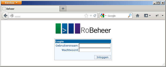 Na het ingeven van het juiste adres presenteert RoBeheer het inlogscherm, waar u uw naam en wachtwoord kunt invoeren.