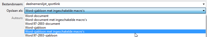 5. Sla het document op uw computer 6. Kies voor de bestandsnaam DeelnemerslijstV4.dot of deelnemerslijst_waterhulpverlening_v1.dot 7. Kies voor het bestandstype.